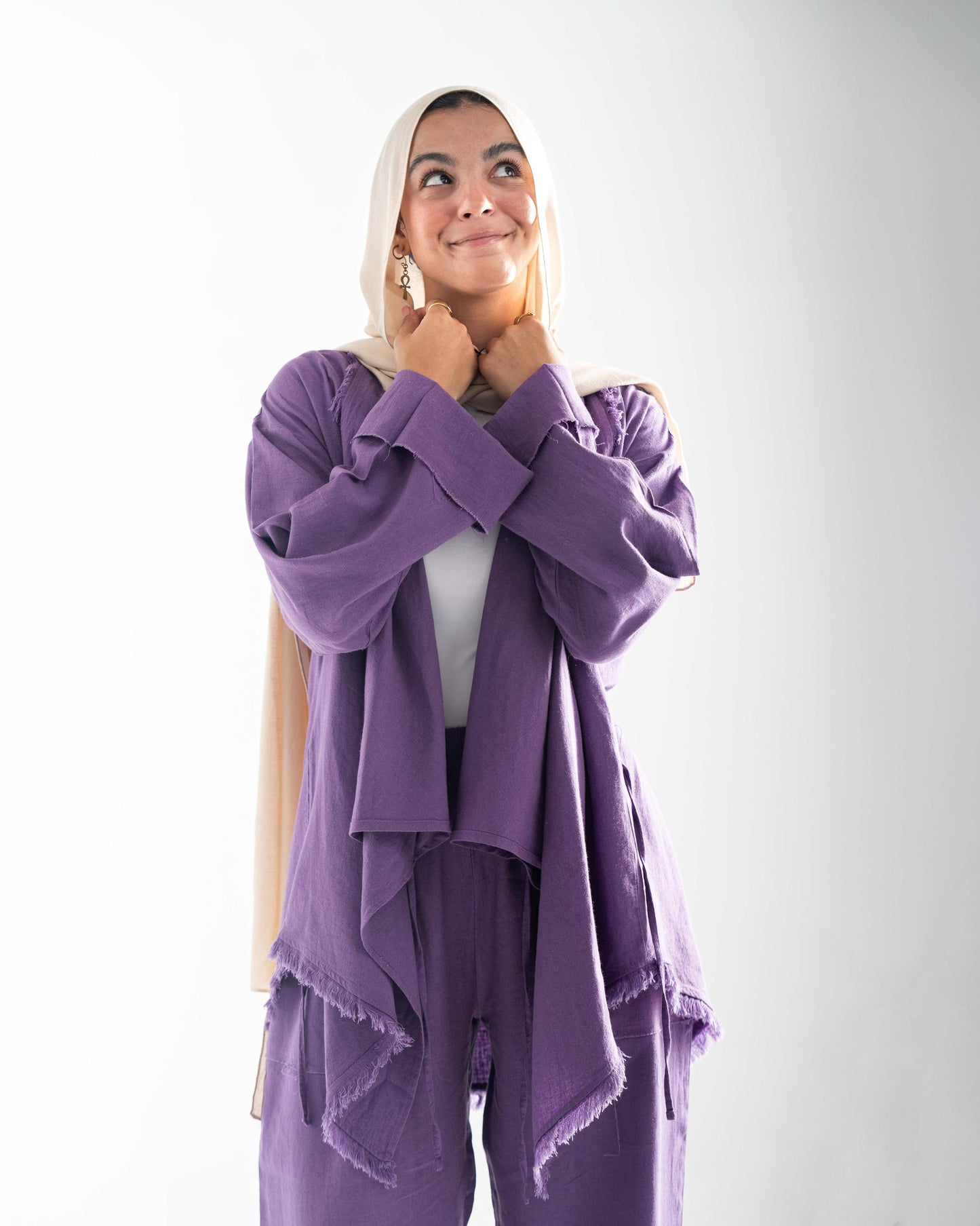 Fringe Pure linen cardigan in purple
