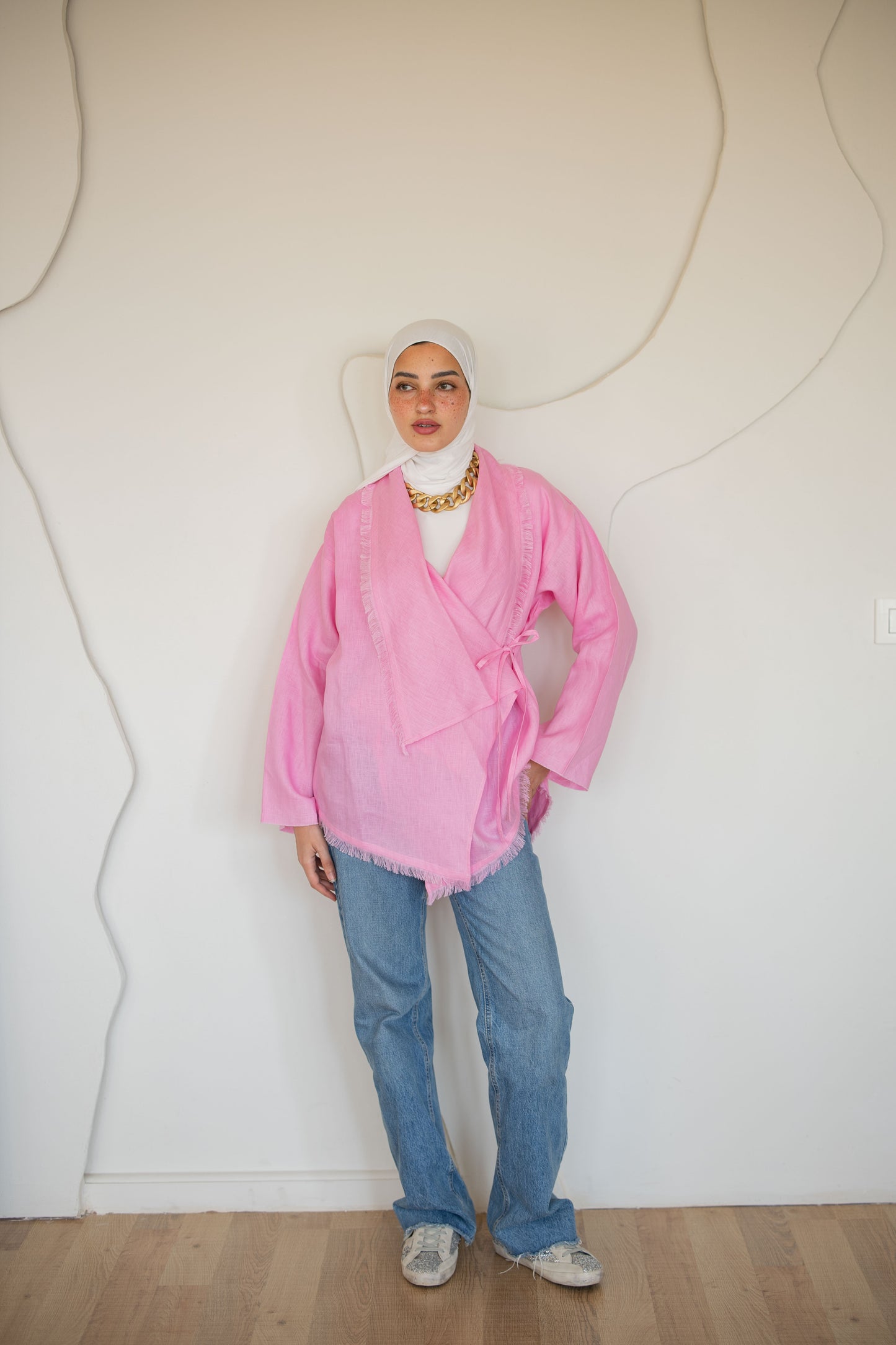 Fringes Pure Linen Cardigan In Pink