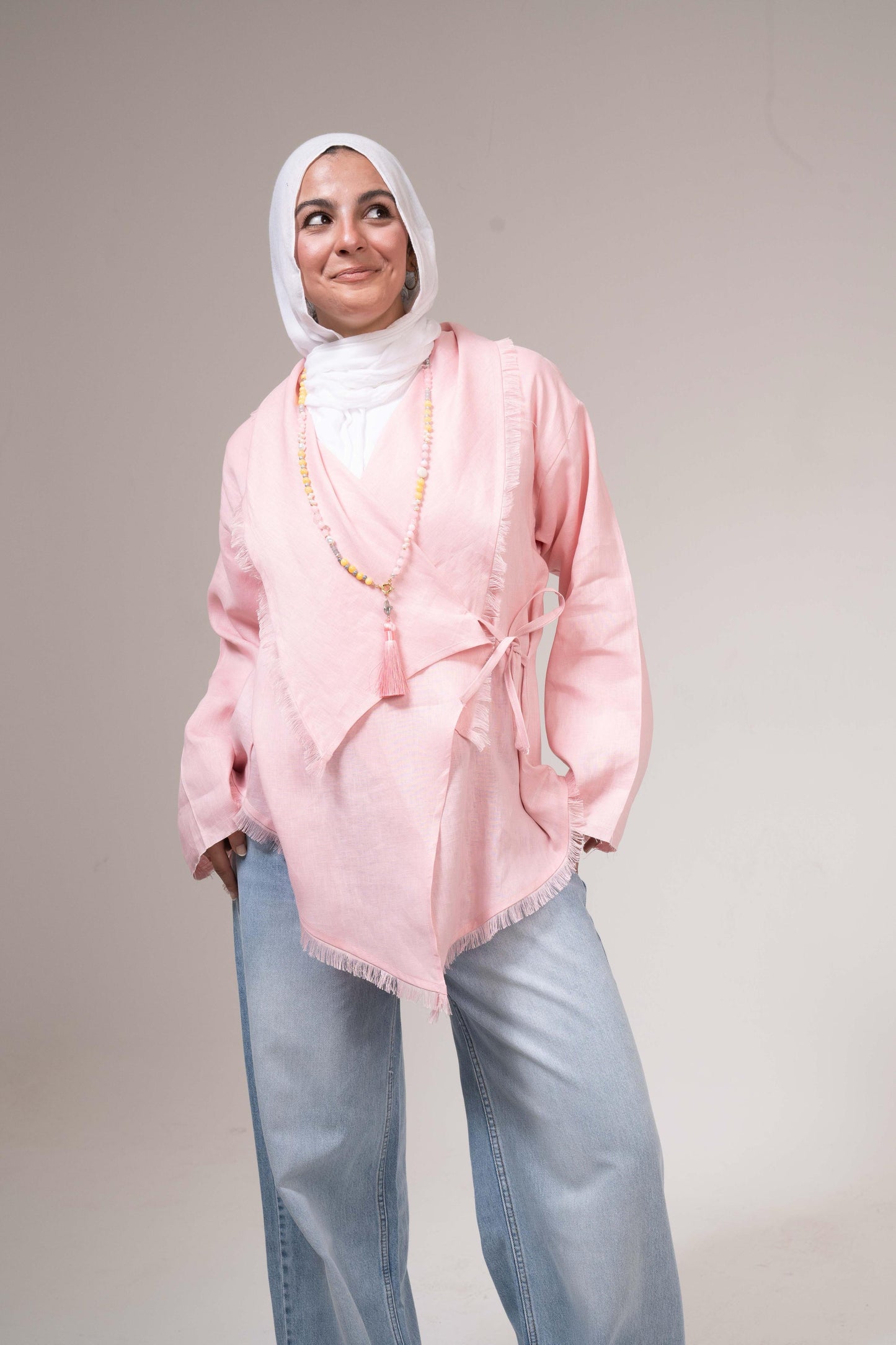 Fringes Pure Linen Cardigan In Powder Pink