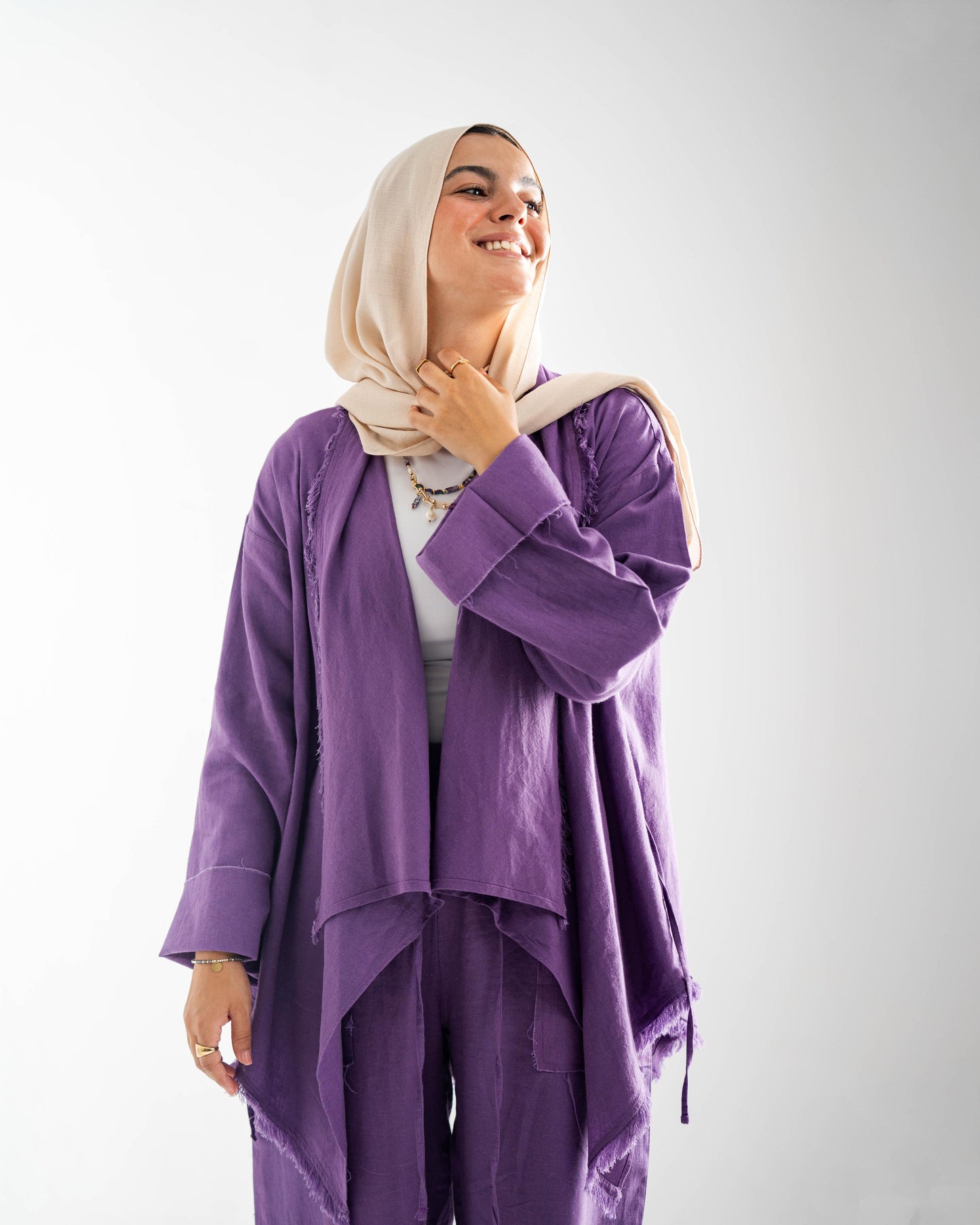 Fringes Linen Set In Purple