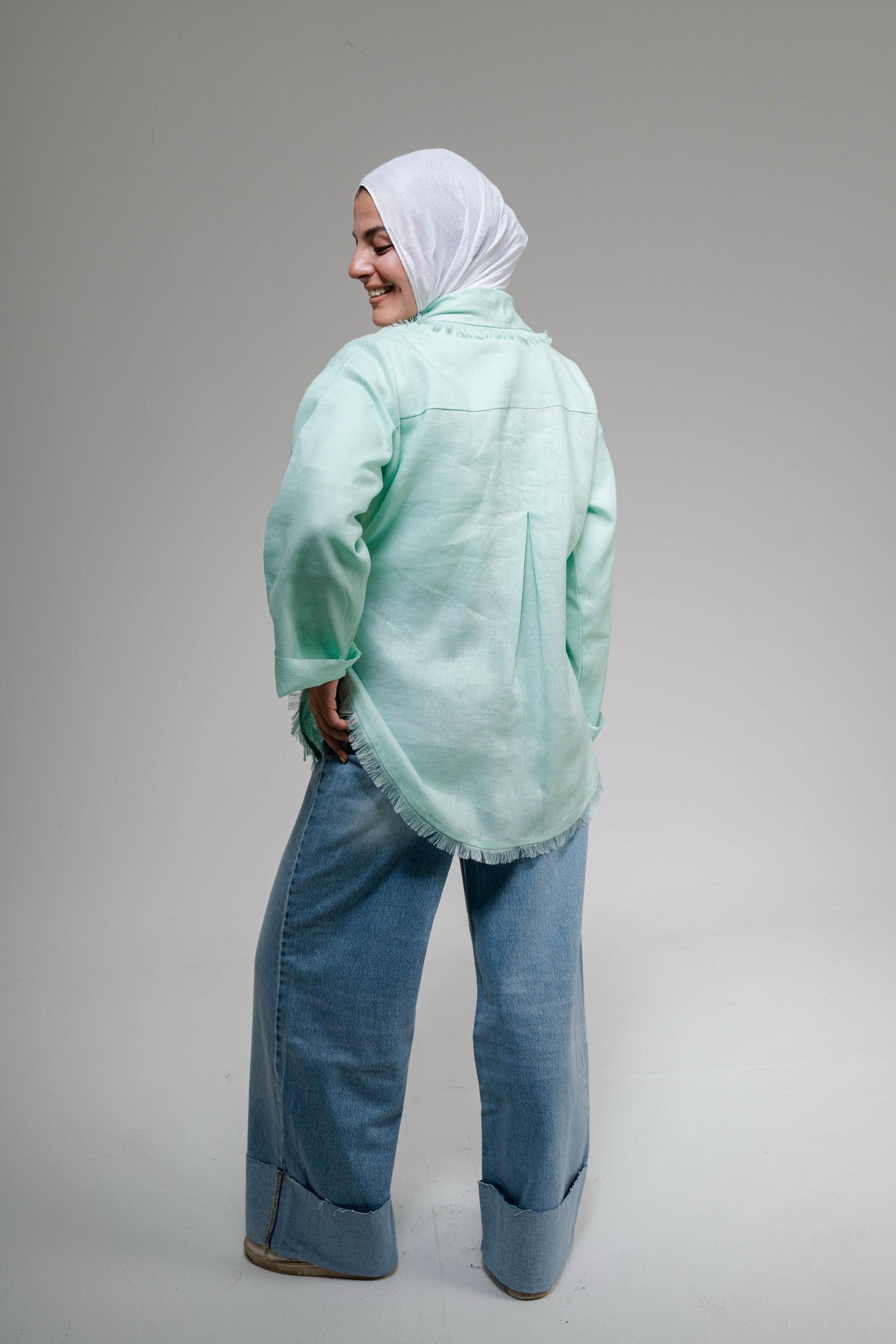 Fringes Pure Linen Cardigan In Mint