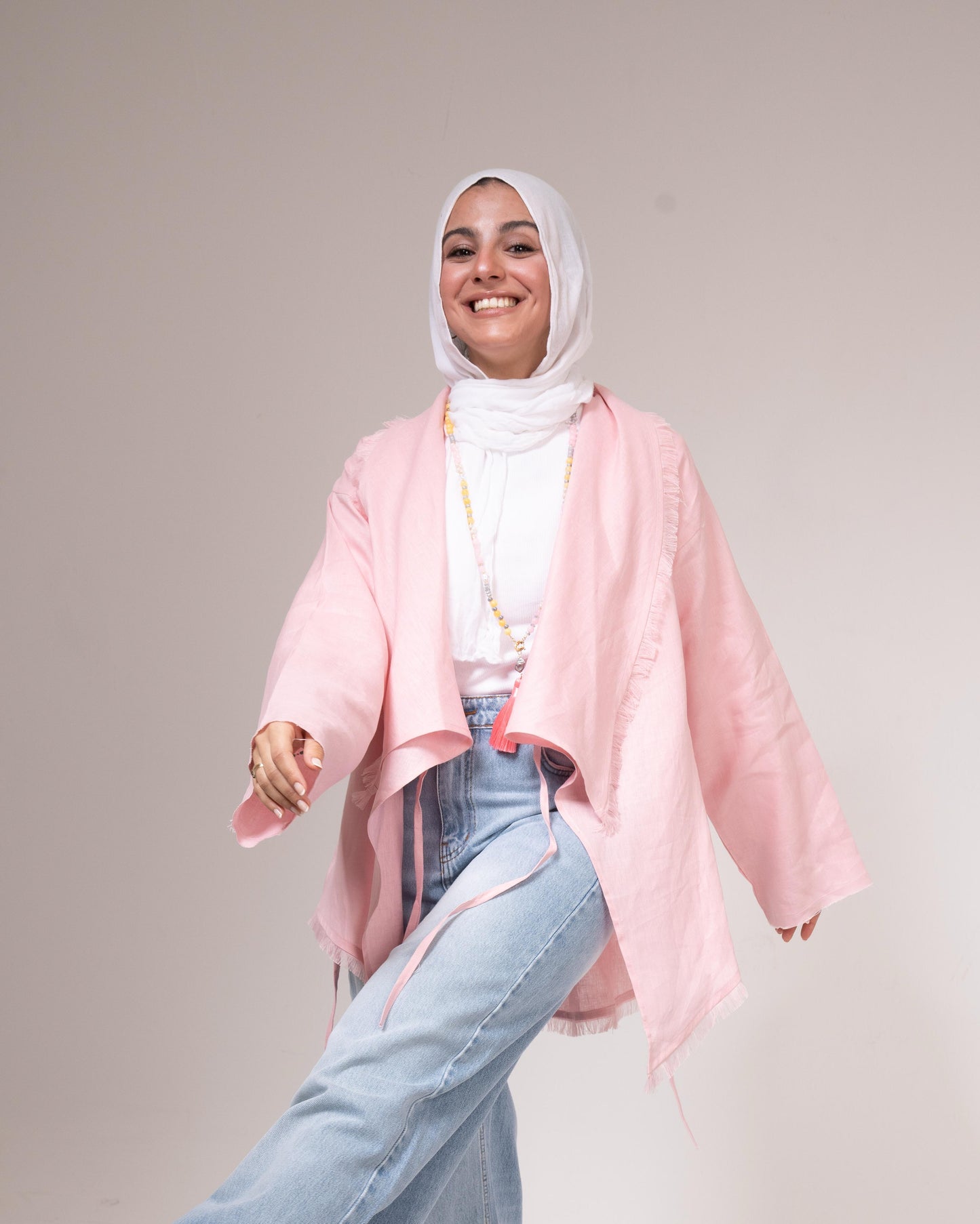 Fringes Pure Linen Cardigan In Powder Pink