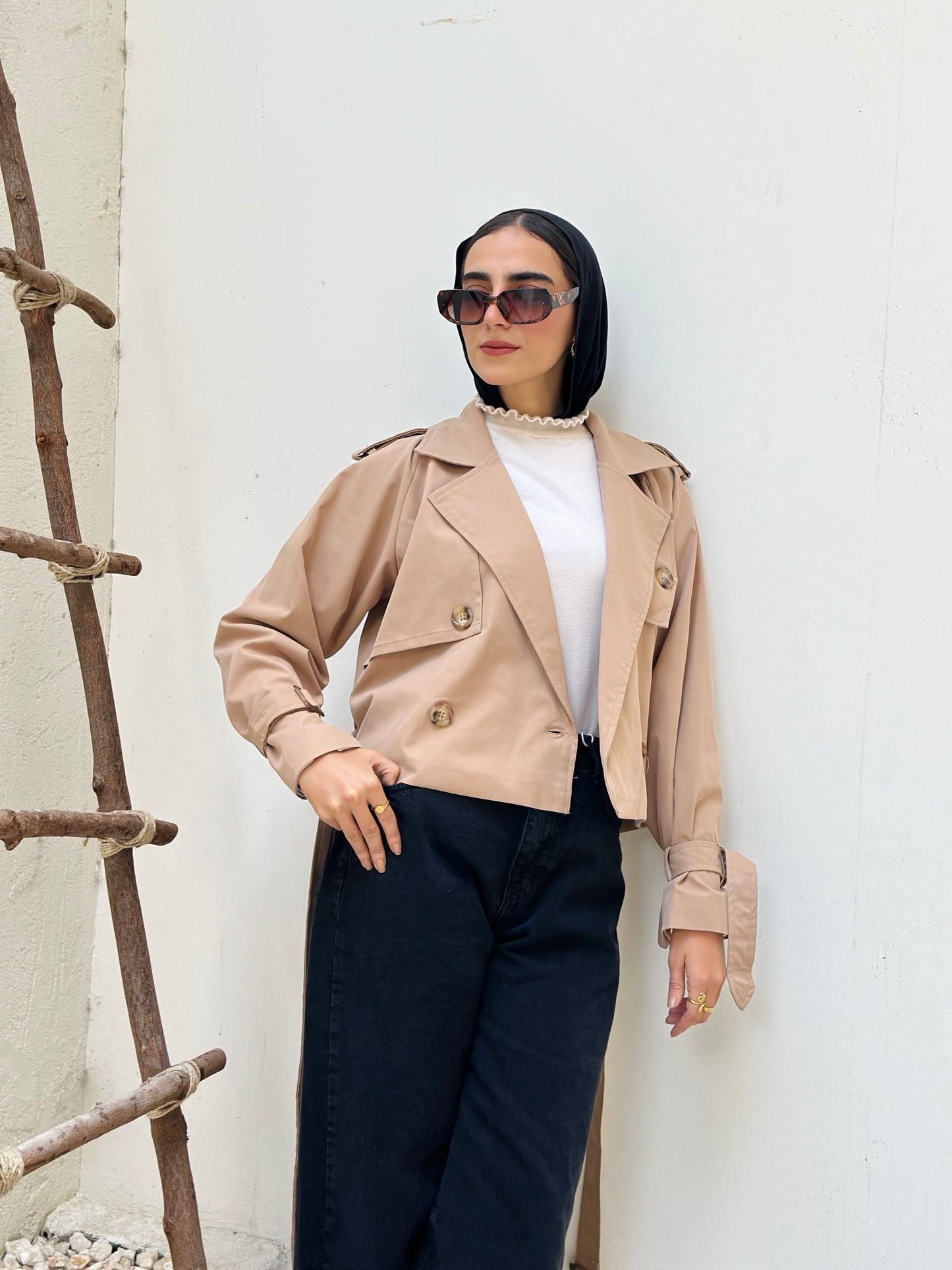 Cropped Trench Coat — Beige