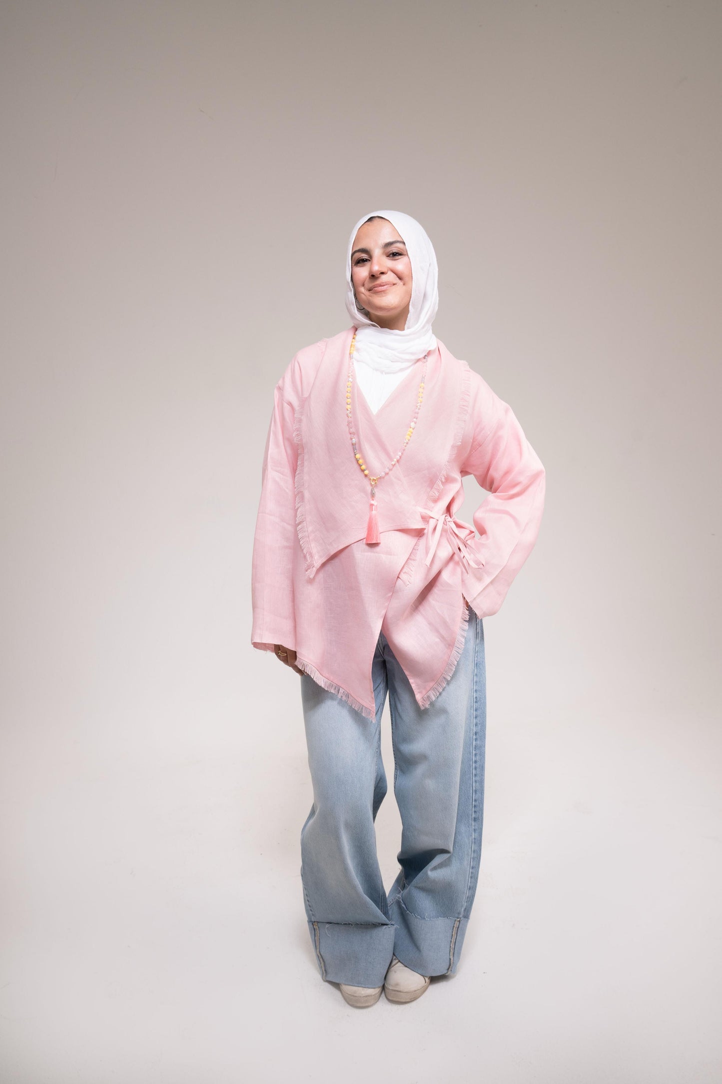 Fringes Pure Linen Cardigan In Powder Pink