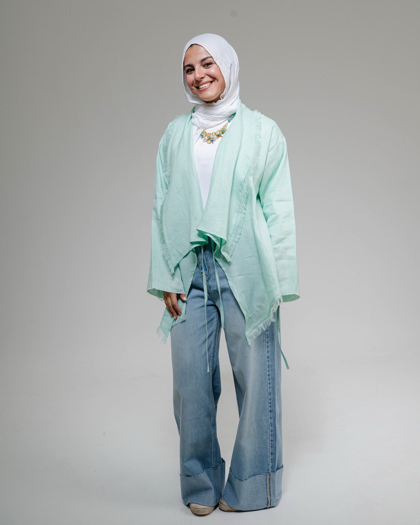 Fringes Pure Linen Cardigan In Mint