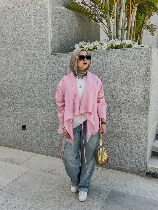 Fringes Pure Linen Kimono In Baby Pink