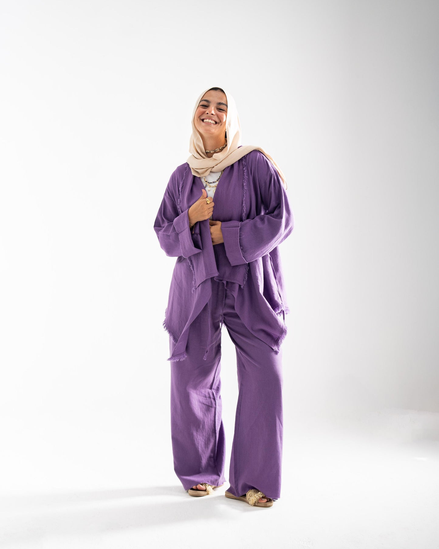 Fringes Linen Set In Purple