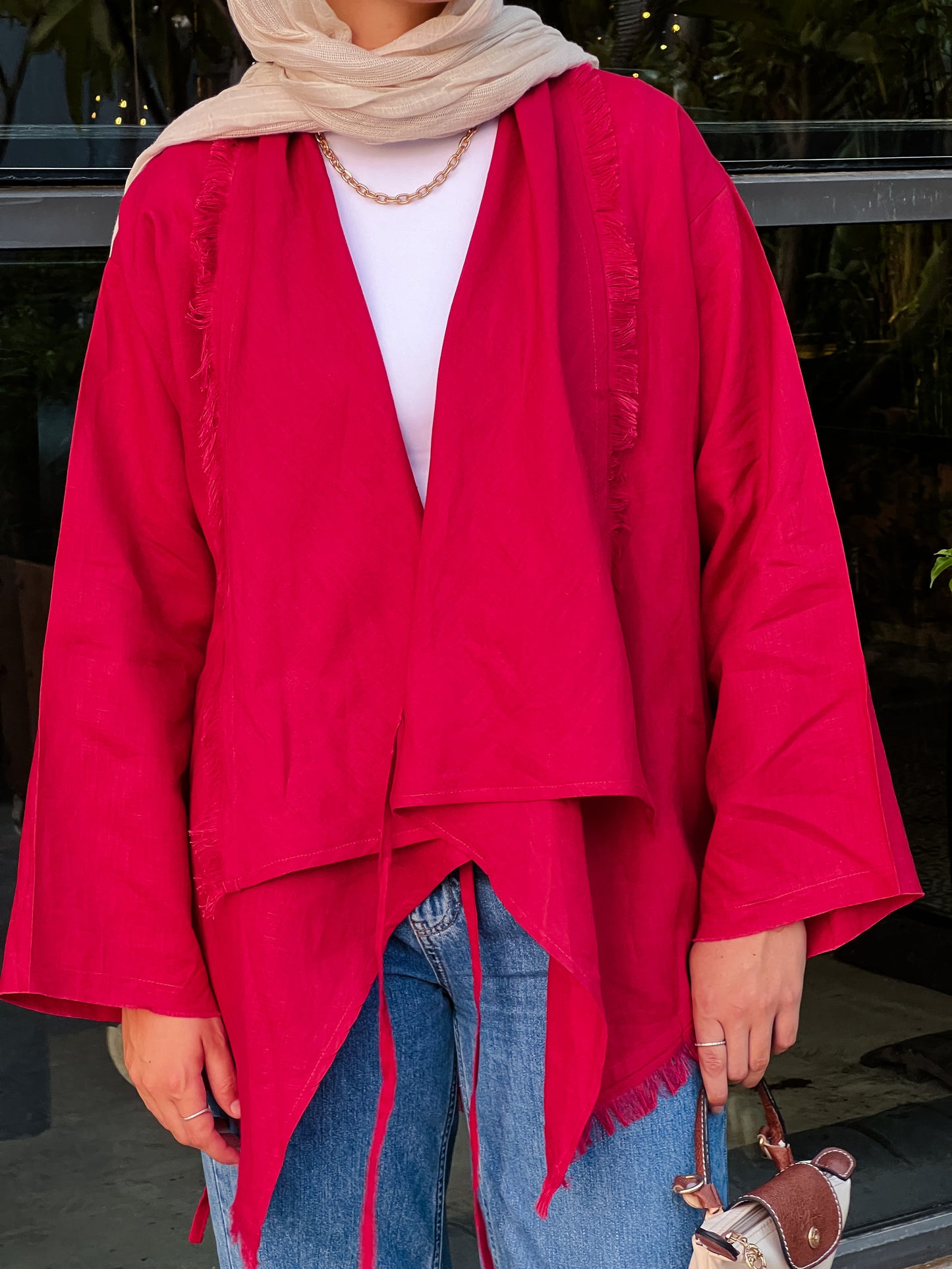 Fringes Pure Linen Cardigan In Red