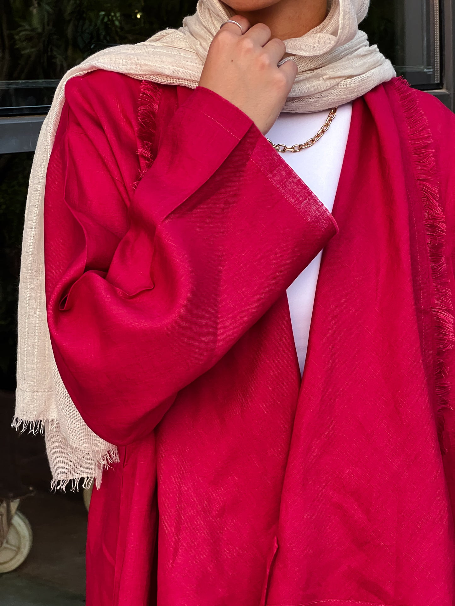 Fringes Pure Linen Cardigan In Red