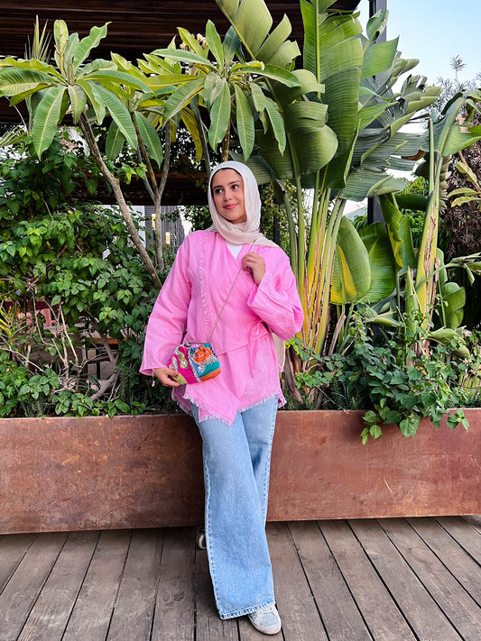 Fringes Pure Linen Cardigan In Pink