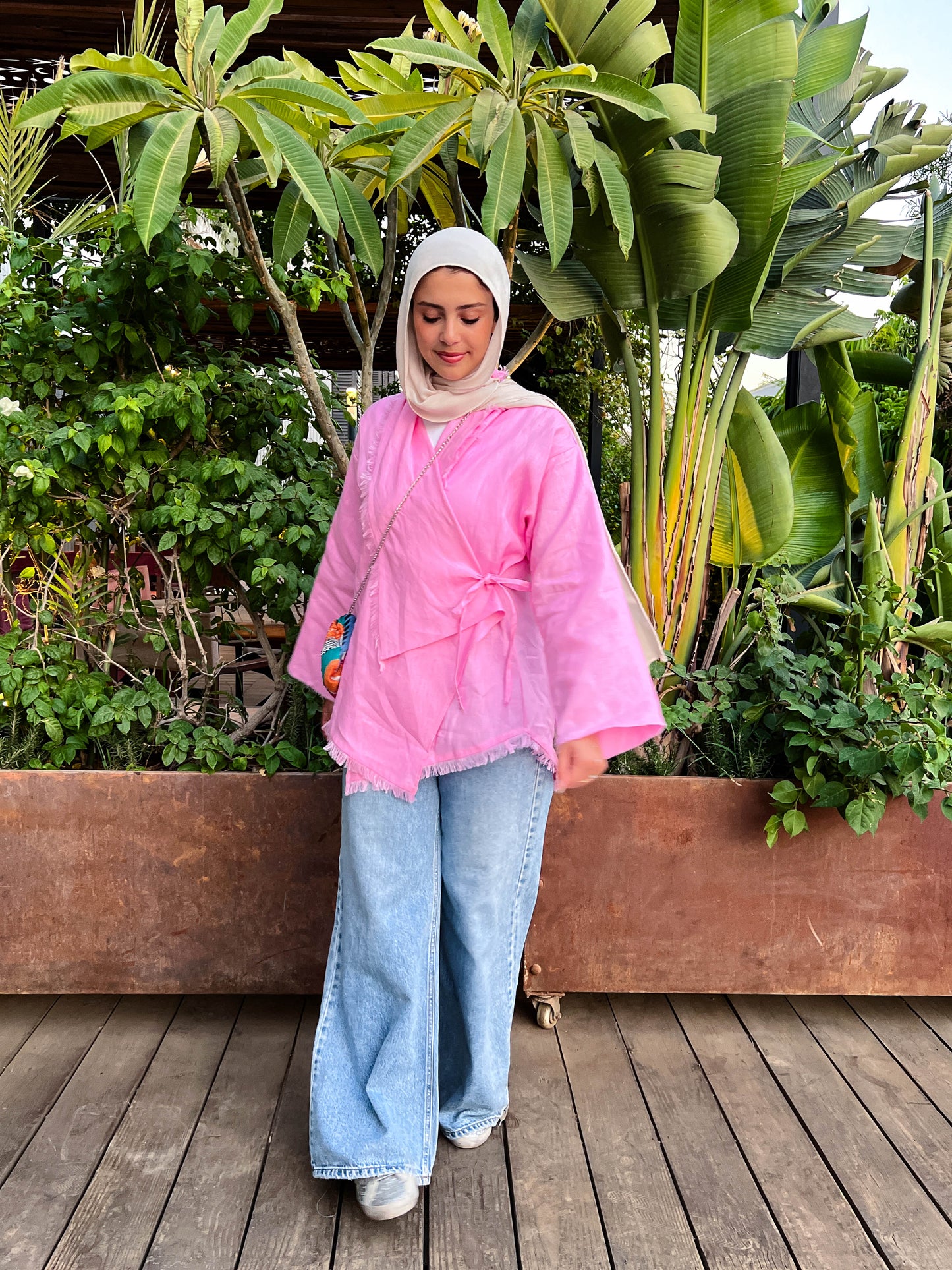 Fringes Pure Linen Cardigan In Pink