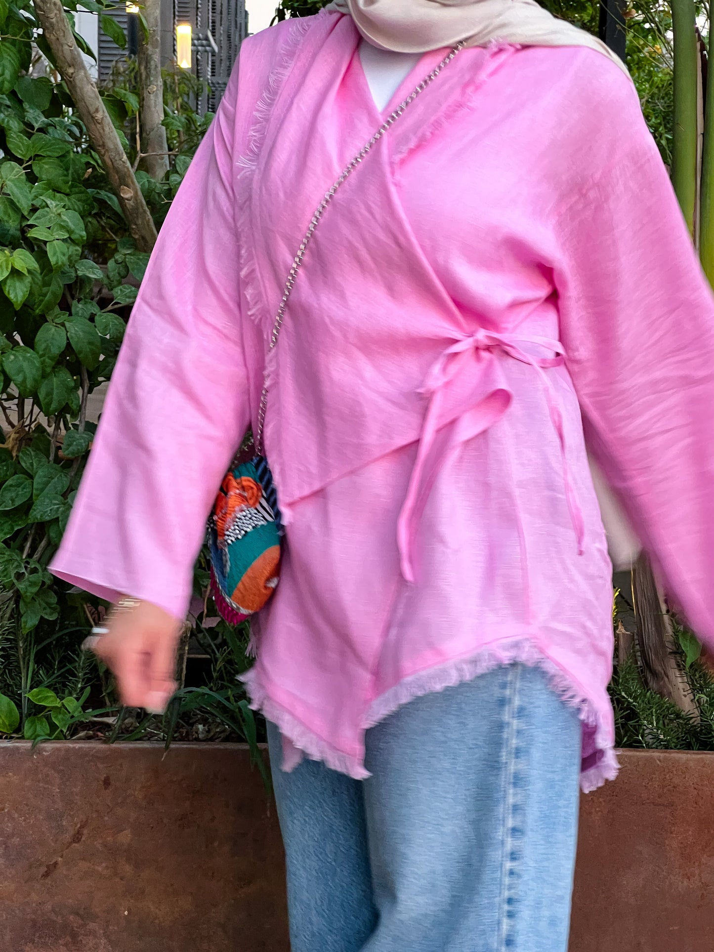 Fringes Pure Linen Cardigan In Pink