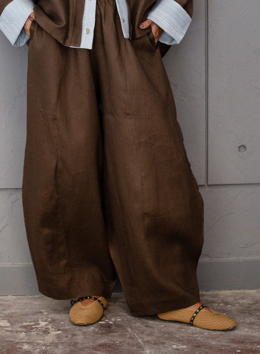 Soft Pure Linen Barrel Pants In Brown