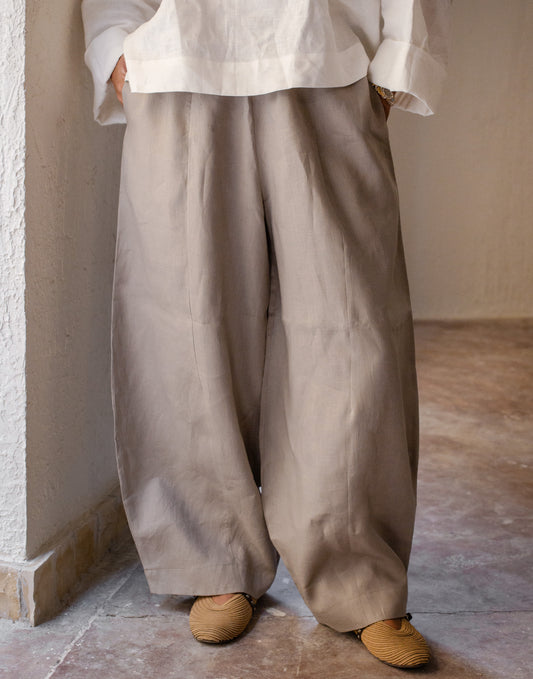 Soft Pure Linen Barrel Pants In Grey