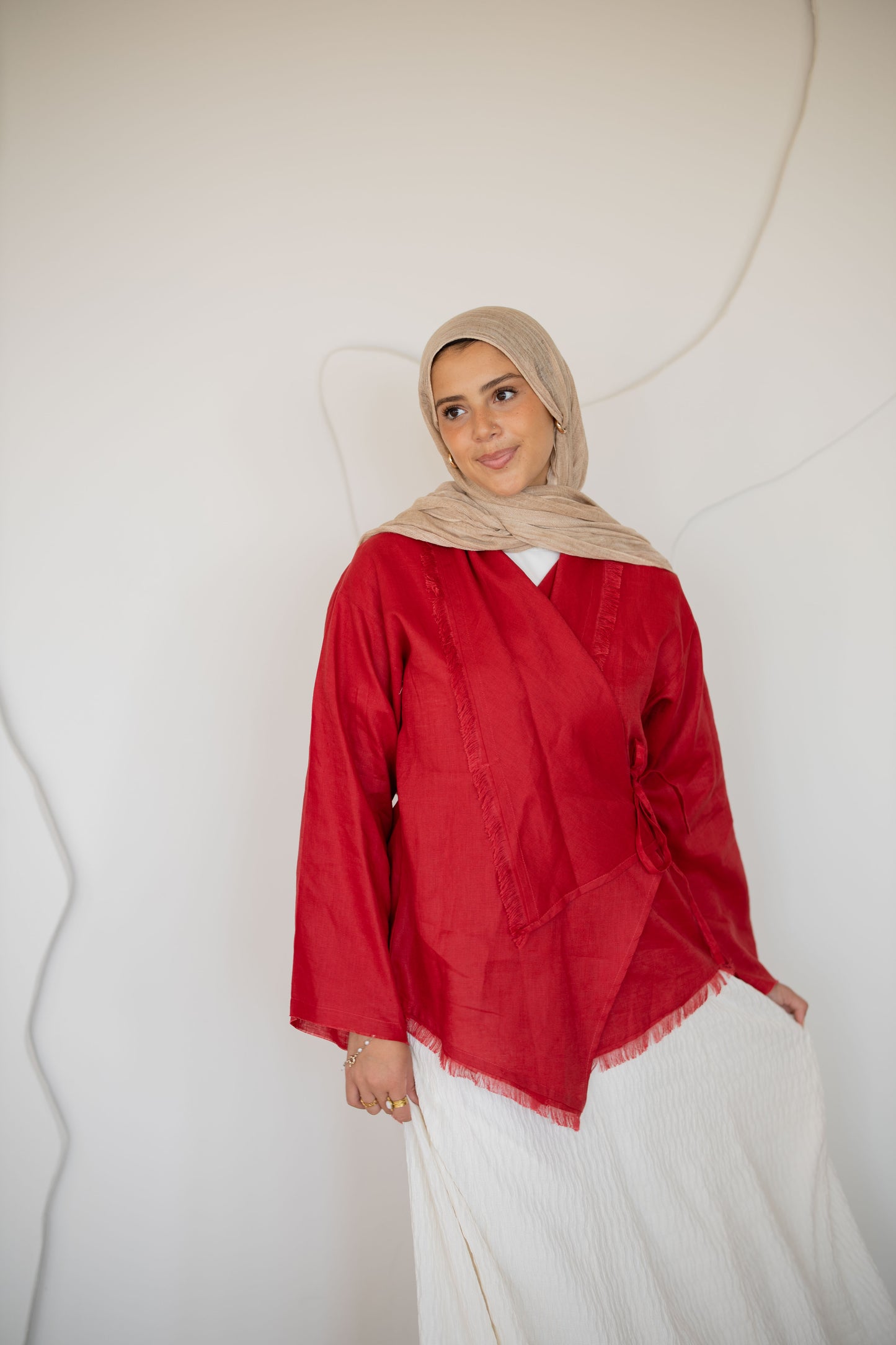 Fringes Pure Linen Cardigan In Red