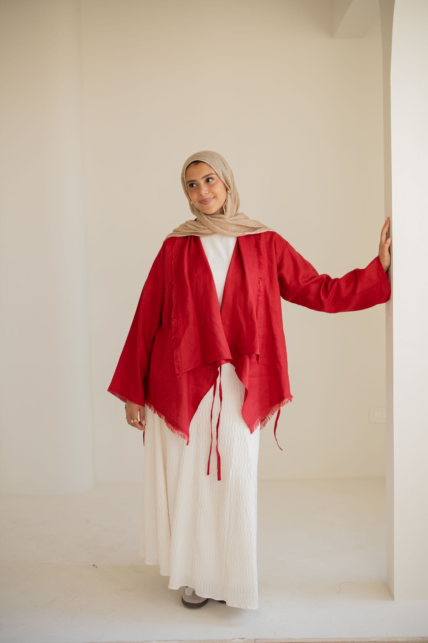 Fringes Pure Linen Cardigan In Red