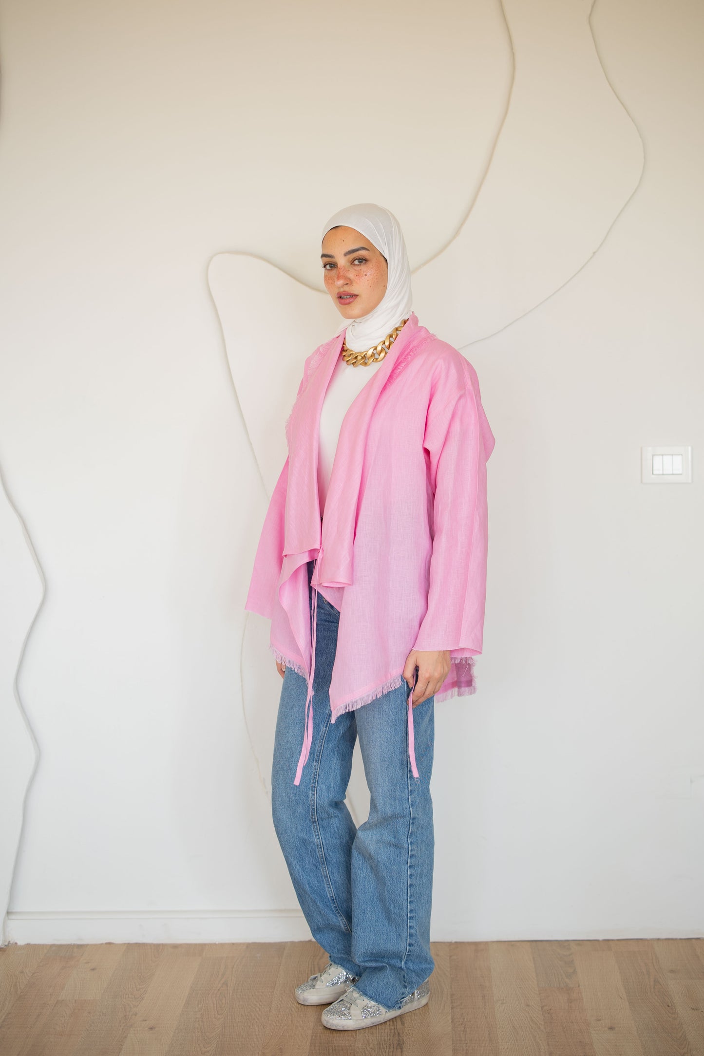 Fringes Pure Linen Cardigan In Pink