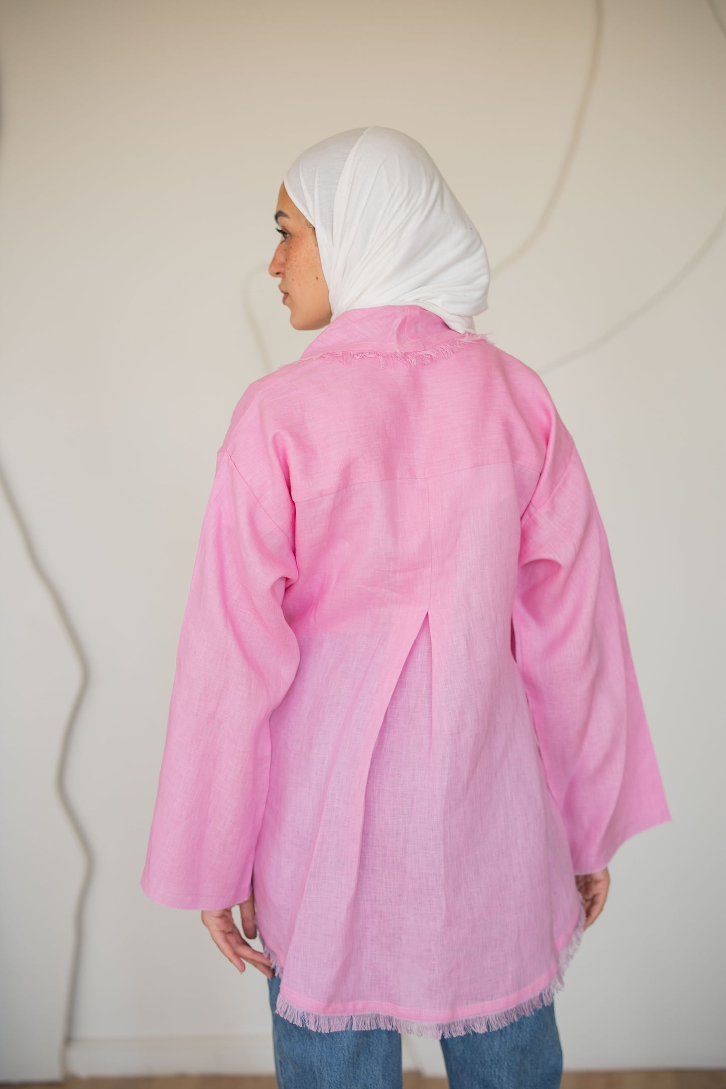 Fringes Pure Linen Cardigan In Pink