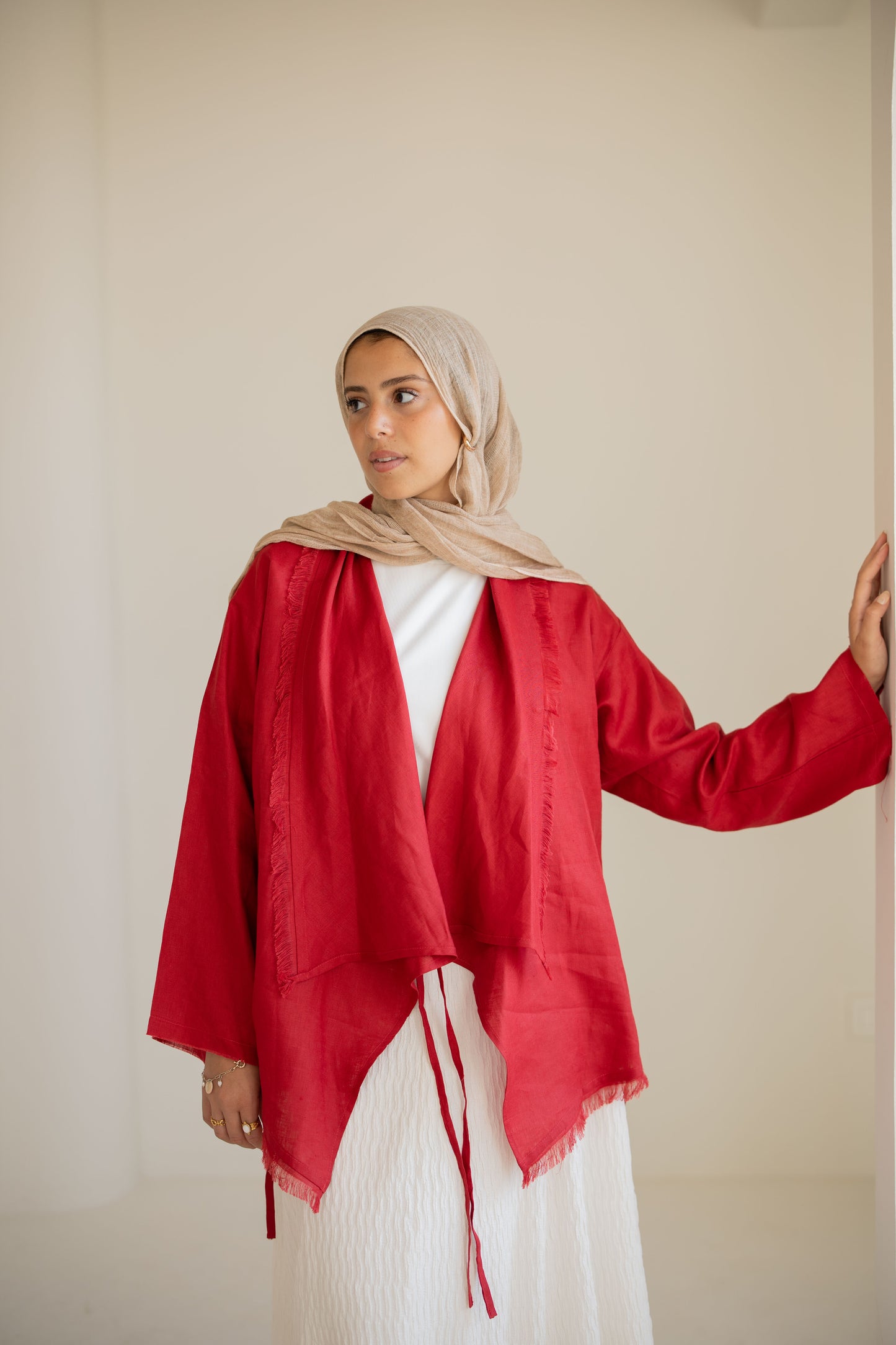 Fringes Pure Linen Cardigan In Red