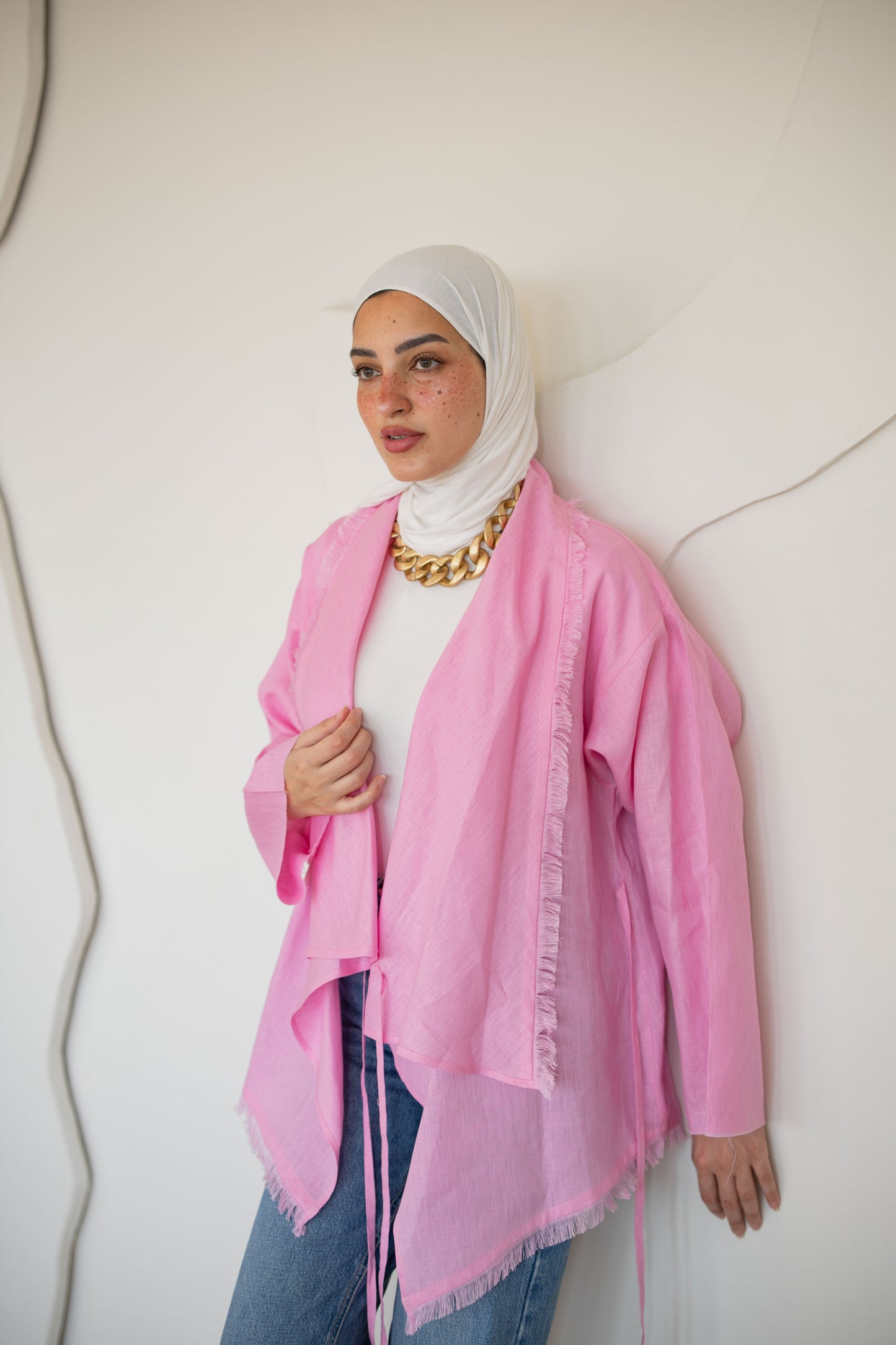 Fringes Pure Linen Cardigan In Pink